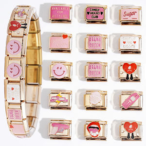 Bracciale a Maglie con Charm Italiani Romantici Rosa 2025 in Acciaio Inossidabile per San Valentino, Charm Italiani Carini Dorati all'Ingrosso - Product Image 2