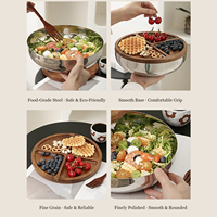 Bol à salade en acier inoxydable poli HL 304 avec couvercle en bois divisé, plateau de service, récipient à collation pour la maison, la cuisine et l'hôtellerie
