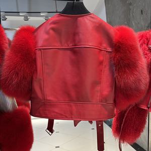 سترة جلدية ربيعية لدراجة نارية من جلد الغنم جلد أحمر للسترات سترة قصيرة من الجلد والفراء للنساء - Product Image 2