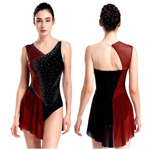 Womens <b>Figure</b> <b>Skating</b> Leotard Asymmetrical Chiffon Skirt Gloves Rhinestone Color Block High Neck Keyhole Lyrical Dance Custom - Product Image 2