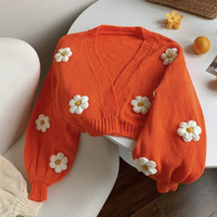 Kardigan Rajut Bunga 3D Buatan Tangan Wanita, Kerah V Lengan Panjang, Model Crop Terbuka di Depan, Jaket Sweater