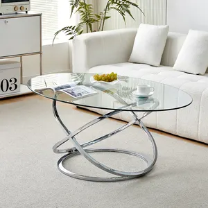 Fancy Home Furniture Center Coffee Table Gold Round Tempered Glass Living Room Modern Tempered Glass Top + Metal Leg 15-25 Days