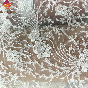 ナイジェリア白レース生地ビーズスパンコール3D花柄刺繍フレンチチュールレース高品質アフリカブライダルウェディングドレス生地 - Product Image 2