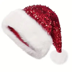 Chapeau <span class=keywords><strong>de</strong></span> Noël en tissu à paillettes, couleur unie, scintillant, avec long pompon moelleux, pour adultes et enfants, décoration <span class=keywords><strong>de</strong></span> fête <span class=keywords><strong>de</strong></span> Noël - Product Image 1