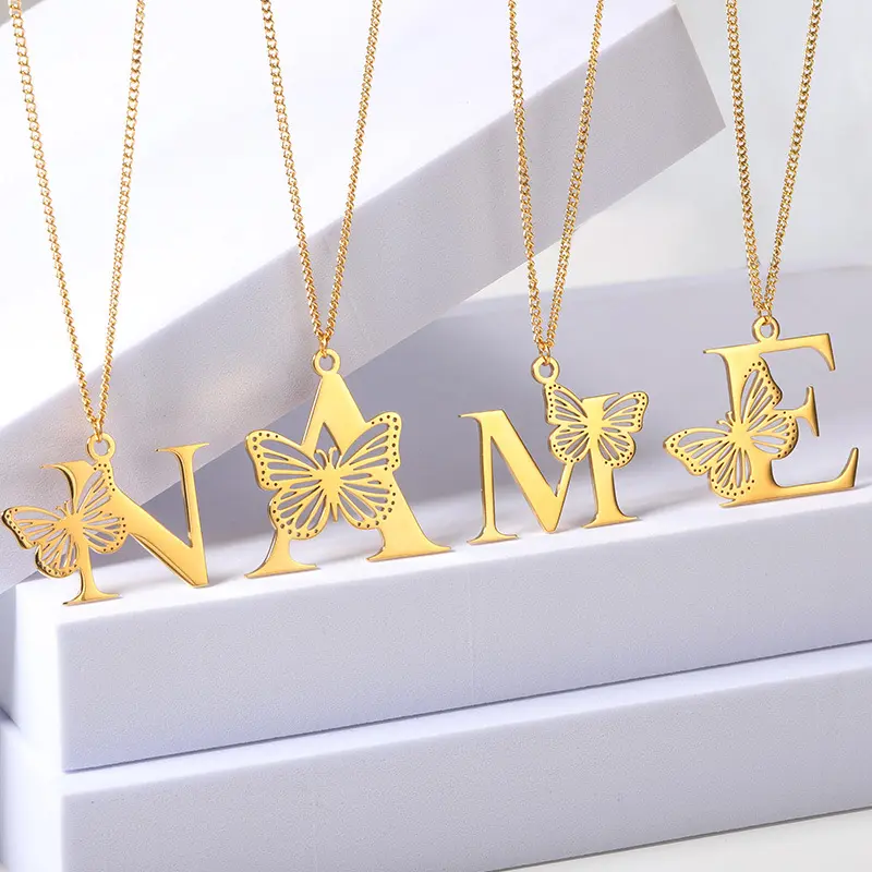 High Quality Minimalist Adjustable Fine Dainty 18K Gold Filled Women 26 Letters Butterfly Pendant Necklace Stainless Steel