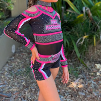 Uniforme de Animadoras con Pedrería Brillante, Color Rosa y Negro, Manga Larga, para Competencia y Entrenamiento
