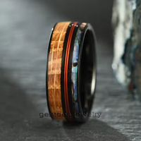 Gentdes Jewelry New Design Red Fishing Line and Abalone Inlay Tungsten Band for Men Whiskey Barrel Wood Ring