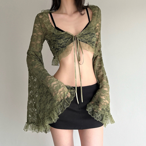 Couverture transparente en dentelle verte pour femme, cardigan court à manches évasées et à nouer sur le devant, haut de plage décontracté style Y2K - Product Image 1