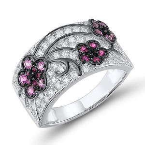 Anello da Donna T0660 in Oro Bianco con Diamanti e Fiori di Tormalina Rosa, Gioiello per Uso Quotidiano - Product Image 1