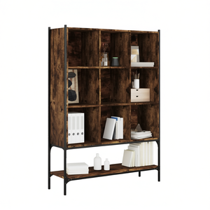 Bibliothèque en bois d'ingénierie chêne fumé moyen avec 10 compartiments, style industriel moderne, pour bureau à domicile et salon - Product Image 1