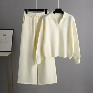 Novo Conjunto de Tricô das Mulheres Loose Polo Collar Sweater Top E Calças Set Calças Perna Larga Conjunto de Duas Peças Para Senhoras