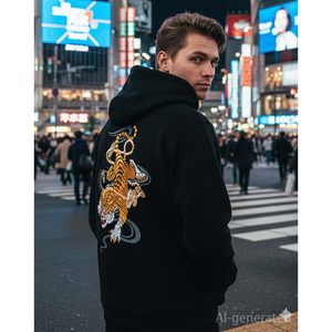 Niepce Inc Sweat-shirt à capuche brodé motif tigre pour homme, 100 % coton, French Terry, style streetwear - Product Image 3