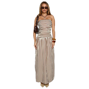 Robe longue plissée en mousseline de soie à rayures sans bretelles pour femme, coupe ample, décontractée, printemps-été - Product Image 1