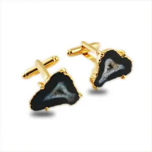 Abotoadura preta natural, pedra de abotoadura banhada a ouro Size15-20mm, moda de latão, joias