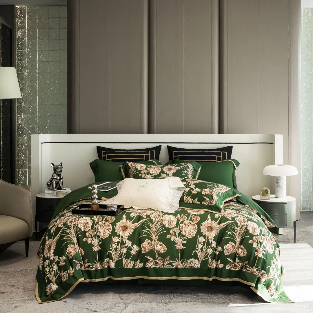 Exquisite Blumen druck grüne Bettdecke Satin 100% Baumwolle bedruckte Bett bezug Home Textil Bettwäsche Set Hersteller