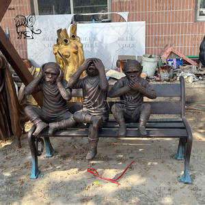 BLVE personnaliser extérieur métal Animal Statue grandeur nature voir entendre parler pas de <span class=keywords><strong>mal</strong></span> Bronze singes Sculpture assis sur un banc - Product Image 5
