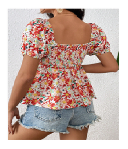 Fashion Asymmetrical Woven Floral Printed Short Sleeve <b>Blouse</b> for Women Comfortable Regular Fit Daily Casual & Party Wear - Product Image 1