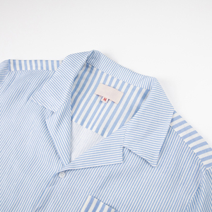 Camicie da uomo personalizzate casual in cotone seersucker a righe patchwork con bottoni, maniche corte, <span class=keywords><strong>colletto</strong></span> cubano, orlo <span class=keywords><strong>dritto</strong></span>, per il tempo libero - Product Image 3