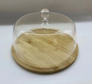 Round acrylic cake box bamboo base with acrylic cover cake dome desert plate