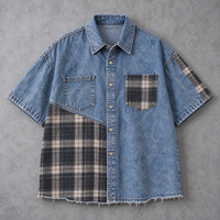 Chemise en jean délavé à carreaux patchwork, bords bruts, manches courtes, style vintage, streetwear homme, personnalisable