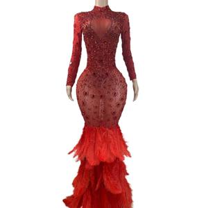 ชุดราตรีหรูหราผ้าตาข่ายซีทรูทรงบอลกาวน์สำหรับผู้หญิง ชุดแต่งงานประดับขนนกและคริสตัล ชุดราตรีงานพรอมปี 2022 ชุดราตรีทรงเมอร์เมด - Product Image 1