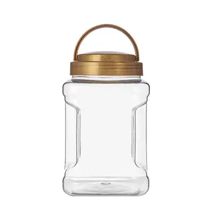 Factory Wholesale Empty Square Food Grade Wide Mouth Clear Plastic Cans Grip Jars With Lids Handle