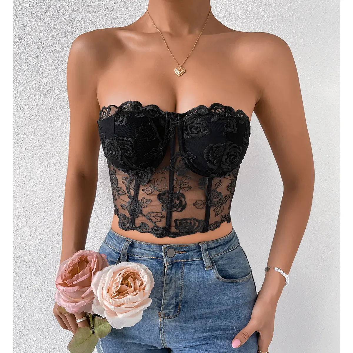 2022 Ins Wind Hot Selling Lace Mesh Rose Tube Top Kiel <span class=keywords><strong>Vest</strong></span>