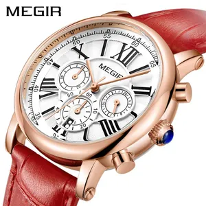 MEGIR 2058 สีแดงสวยสุภาพสตรีควอตซ์นาฬิกาอย่างเป็นทางการของแท้หนัง band Chronograph ปฏิทิน Ultra Thin Minimalist นาฬิกาข้อมือ