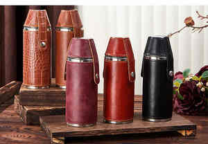 Botella de Vino Portátil de Acero Inoxidable, Cilíndrica, con Funda de Cuero Marrón, para Exteriores, 7 oz. Recipiente Grande con Aislamiento al Vacío, Ecológico y a Prueba de Fugas - Product Image 2