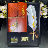 Ensemble de stylos plume en feuille d'or antique avec carnet en cuir fait main, pot d'encre et coffret cadeau pour mariage, anniversaire ou cadeau d'affaires