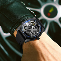 Montre Homme Lingke, Forme Tonneau, Squelette, Double Mouvement Mécanique-Quartz, Bracelet Silicone Tendance Sportif, Aiguilles Lumineuses, Étanche 30M