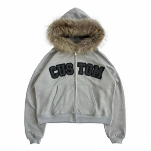 Benutzer definierte Vintage 100% Baumwolle Französisch Terry Fleece Heavyweight Boxy Fit mit Pelz Kapuze Stickerei Patch Edelstein Zip Up <span class=keywords><strong>Hoodie</strong></span> - Product Image 3