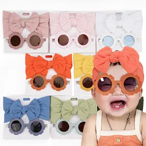 Fashion Baby Girls Headwear Beach Sunglasses Hair Bands 2pcs Set Photo Props Gifts Knot Bow Headbands Sun Glasses And Puffy Bow