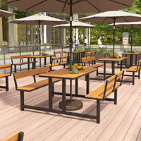 Ensemble table et chaise monobloc d'extérieur avec dossier intégré, idéal pour les cafés, les cours et les cantines, avec parasol en bambou intégré pour la restauration.