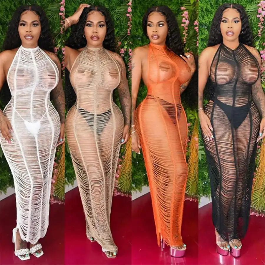 Luxuri-Vestidos largos transparentes para mujer, ropa Sexy para fiesta y discoteca, sin espalda, venta al por mayor