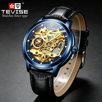 Montre automatique TEVISE Tourbillon pour homme, montres mécaniques squelette de luxe, boîtier en alliage, bracelet en cuir, 3ATM