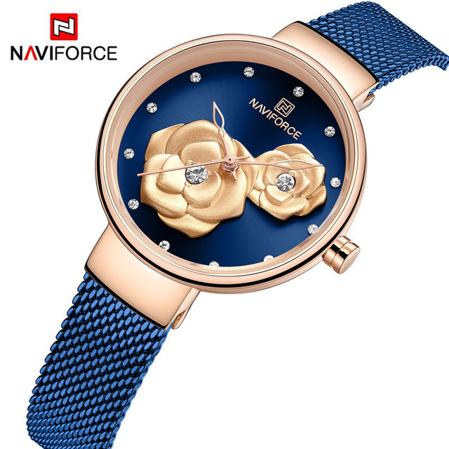 NAVIFORCE 5013 Fashion Wristwatch Waterproof Mesh Steel Strap Quartz Watch Relief with Diamond Women Watches