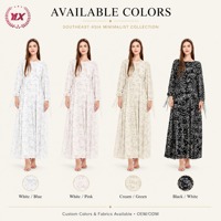 Robe longue plissée droite à imprimé floral bleu personnalisé pour femme, col bateau, poignets à nouer, en mousseline, style modeste, OEM ODM, marque privée, tenue musulmane