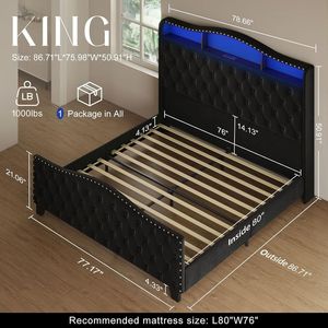 Cama <span class=keywords><strong>King</strong></span> Size Moderna Belin con Cabecera Tapizada en Terciopelo, Luces LED, Almacenamiento/Estación de Carga, Botones Táctiles - Product Image 2