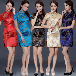 Nuovo Abito Cheongsam Qipao da Donna a Maniche Corte, <span class=keywords><strong>Sexy</strong></span>, <span class=keywords><strong>Rosso</strong></span>, Ecologico, con Vita Naturale e Ricamo Floreale - Product Image 1