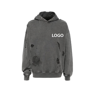 Biểu tượng tùy chỉnh cổ điển Zip Up axit rửa đau khổ hoodie cho nam giới thời trang dạo phố thêu in ấn thiết kế trống đau khổ Hoodie - Product Image 6