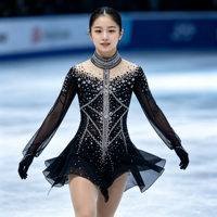 Robe de patinage artistique noire à strass, col montant, dos évidé, manches longues, en maille, pour compétition de patinage sur glace, personnalisable