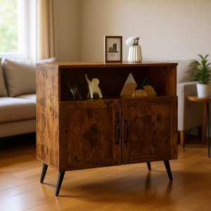 Mobiletto in Legno Stile Mid-Century, Marrone Rustico, 2 Ante 1 Ripiano, Arredamento per Soggiorno - Product Image 2