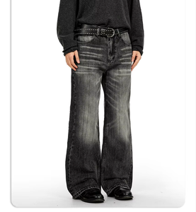 Jean en denim coupe bootcut taille mi-haute noir délavé style américain vintage pour hommes et femmes, effet moustaches de chat tridimensionnelles, automne-été - Product Image 2