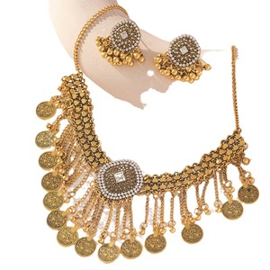Collier rétro européen et américain en métal avec pampilles, en alliage de zinc, serti pavé, ensemble de bijoux de fête - Product Image 4