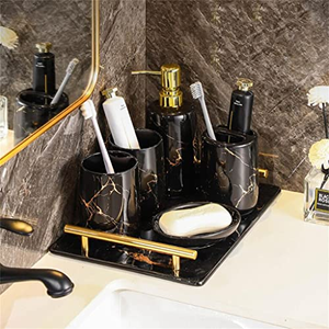 Novision <b>Modern</b> <b>Black</b> Marble Look Durable Round Ceramic <b>Bathroom</b> Dispenser <b>Accessory</b> Set Tray Sink Tumbler Soap Dish - Product Image 2