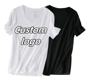Custom Basic Tee Tshirts Shirt Ladies White Print Blank Summer Plain T-Shirt Plain 100 Combed Cotton V Neck Womens T Shirts