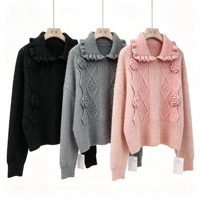 Sweater Rajut Wanita Model Crop Kerah Peter Pan Berumbai Hitam Polos dengan Hiasan Berlian dan Motif Bunga Mawar 3D