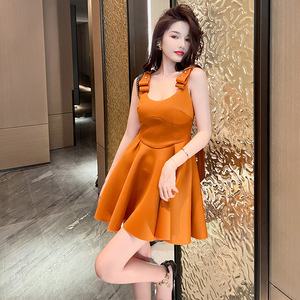 ZYHT 5854 <span class=keywords><strong>Mini</strong></span> <span class=keywords><strong>abito</strong></span> dolce senza maniche con cinturino largo <span class=keywords><strong>arancione</strong></span> estivo Logo personalizzato abiti a vita alta con scollo a v - Product Image 3