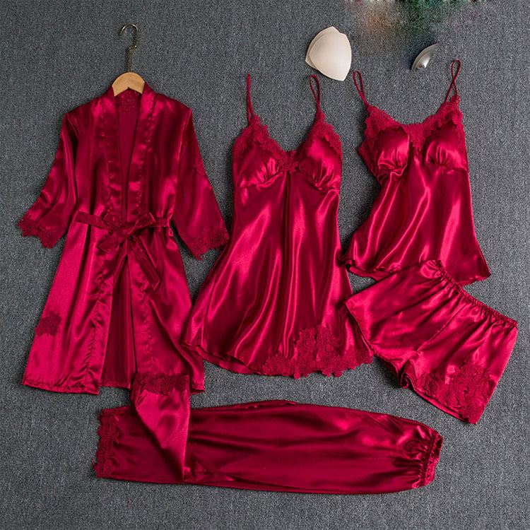 Pajamas Women Satin Lace Wireless Bra Camisole Short Skirt Set Pajama Set Women's Sleepwear
